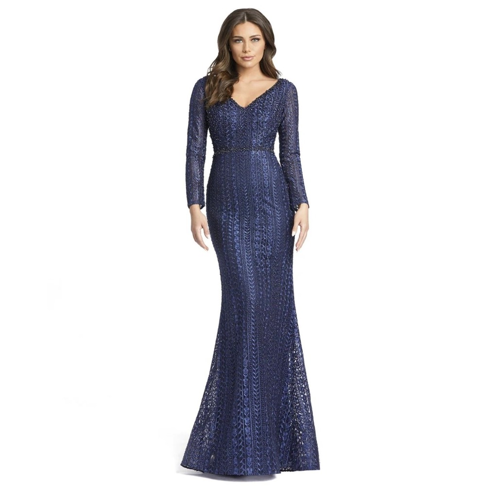 Mac Duggal Midnight Blue 20271 Long Sleeve Beaded Lace‎ Trumpet Gown Size 4 NWT